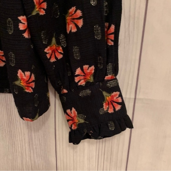 Loft Floral Red and Black Metallic Sparkly Puff Sleeve Blouse Long Sleeve XS - Picture 6 of 11